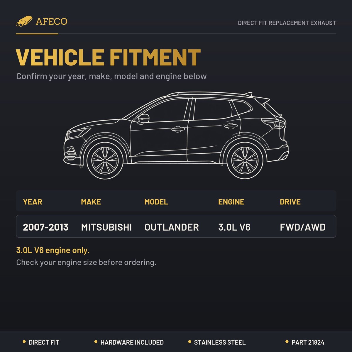 Vehicle fitment chart for AFECO 21824: Mitsubishi Outlander 3.0L V6 (2007-2013)