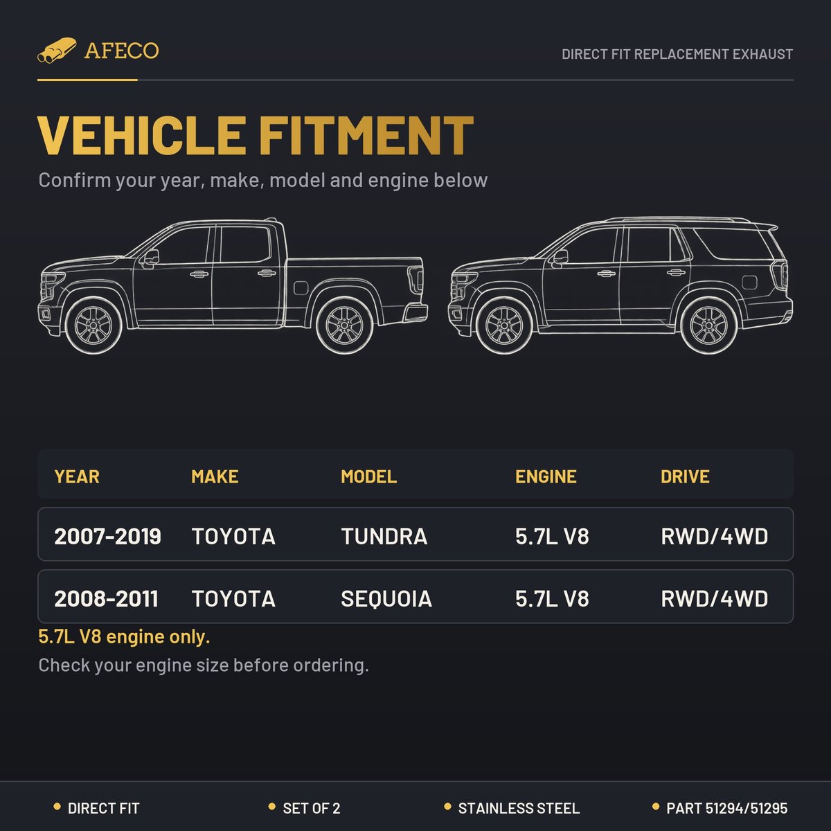 Vehicle fitment chart for AFECO 51294/51295: Tundra and Sequoia 5.7L V8 (pair)