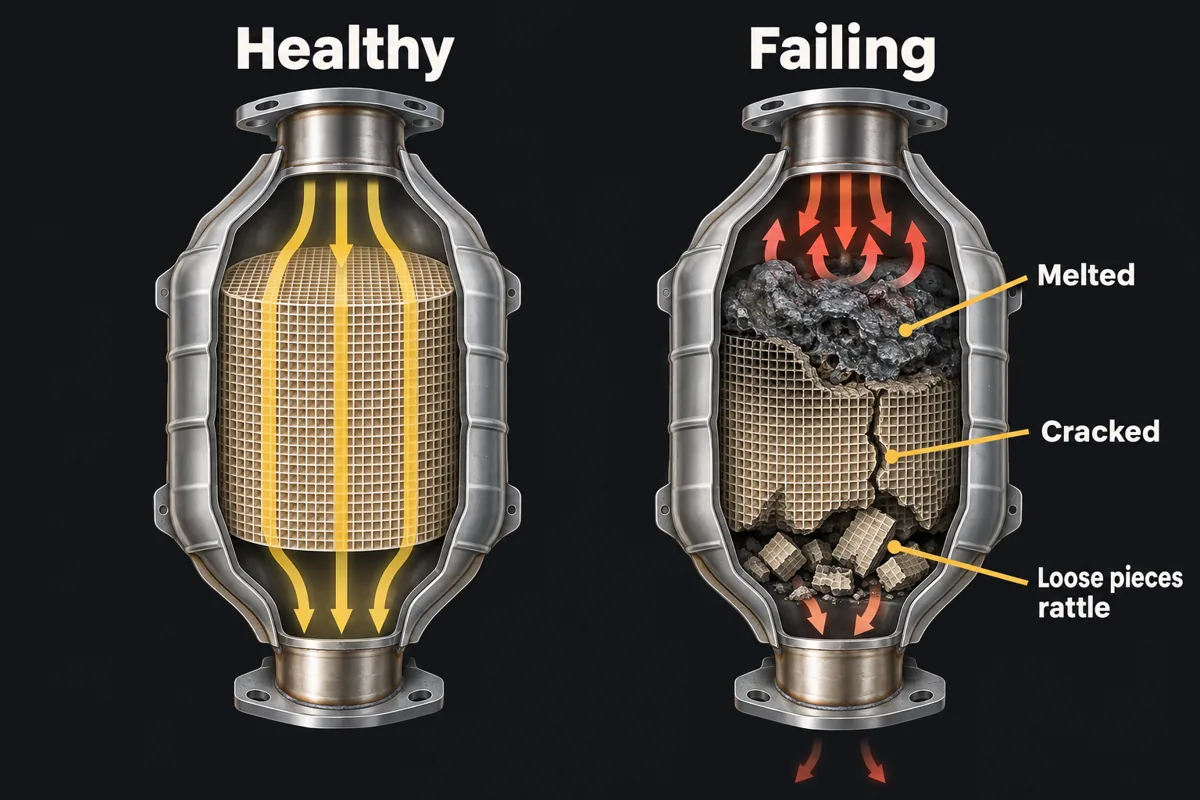 Cutaway of a healthy catalytic converter with an even honeycomb next to a failing one with a melted, cracked core and loose pieces