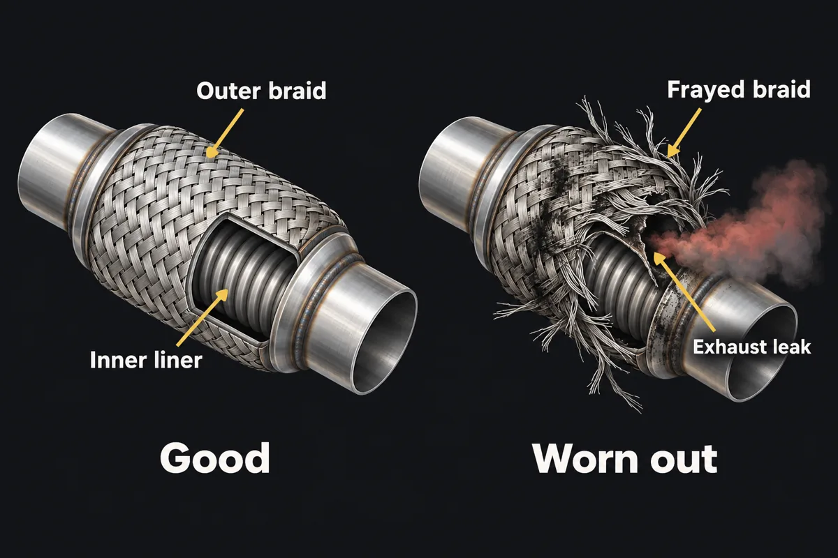 A good flex pipe with intact outer braid and inner liner next to a worn one with frayed braid, soot and an exhaust leak