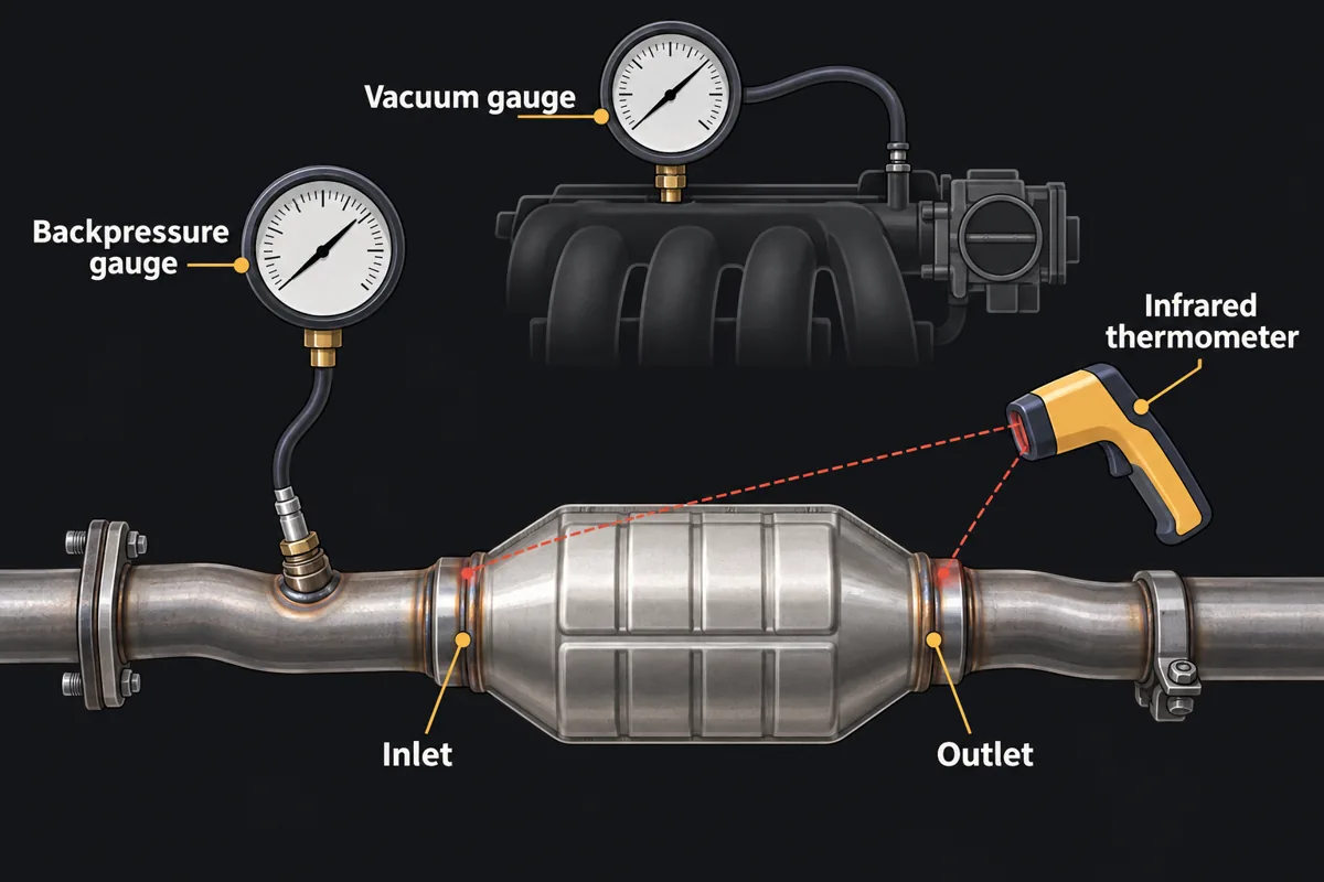The three common tests for a clogged catalytic converter: a backpressure gauge in the oxygen sensor port, an intake vacuum gauge and an infrared thermometer comparing inlet and outlet