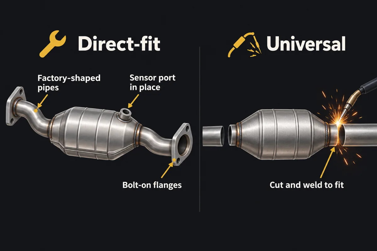 A direct-fit catalytic converter with factory-shaped pipes, bolt-on flanges and sensor port next to a universal converter that has to be cut and welded in