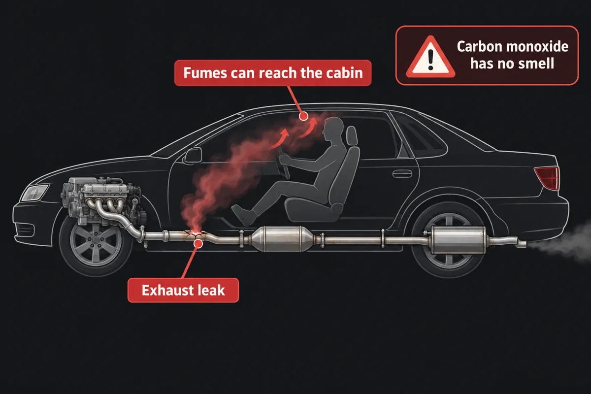 Side view of a car with an exhaust leak under the floor letting fumes drift into the cabin, with a warning that carbon monoxide has no smell