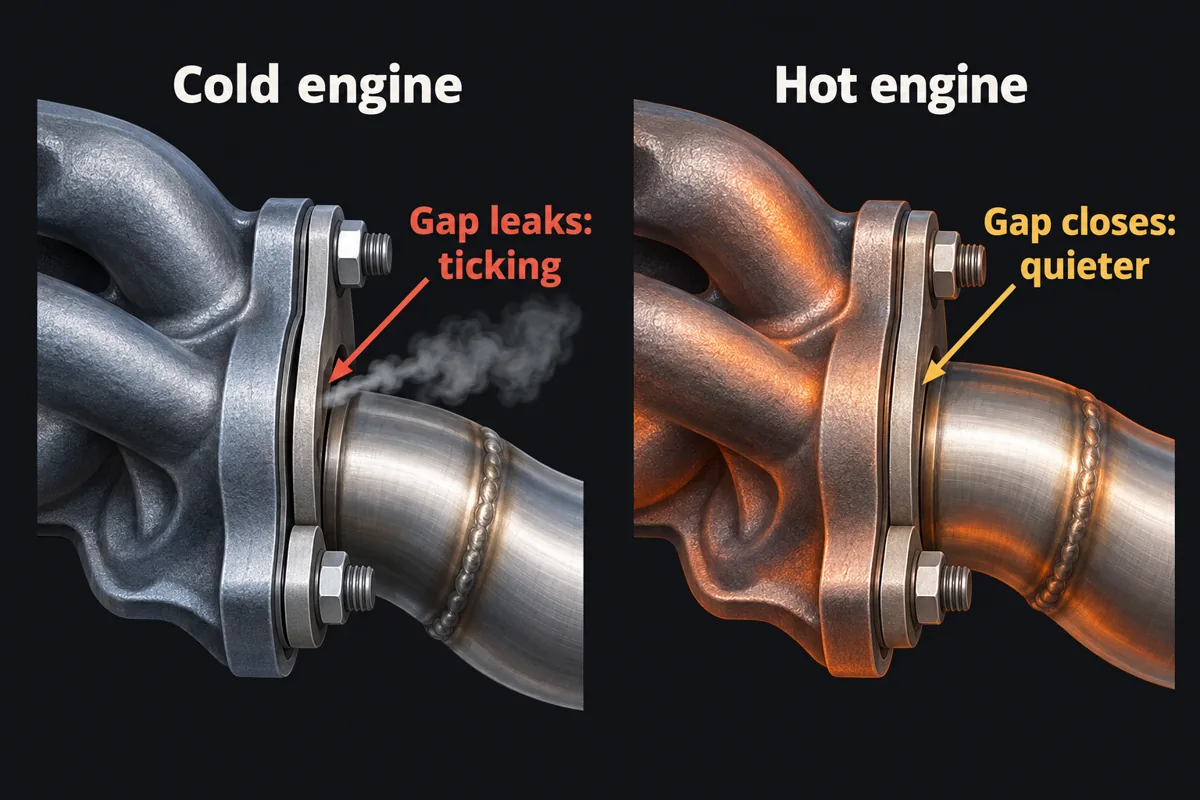 A cold exhaust manifold joint with a small gap leaking and ticking next to the same joint hot, with the gap closed