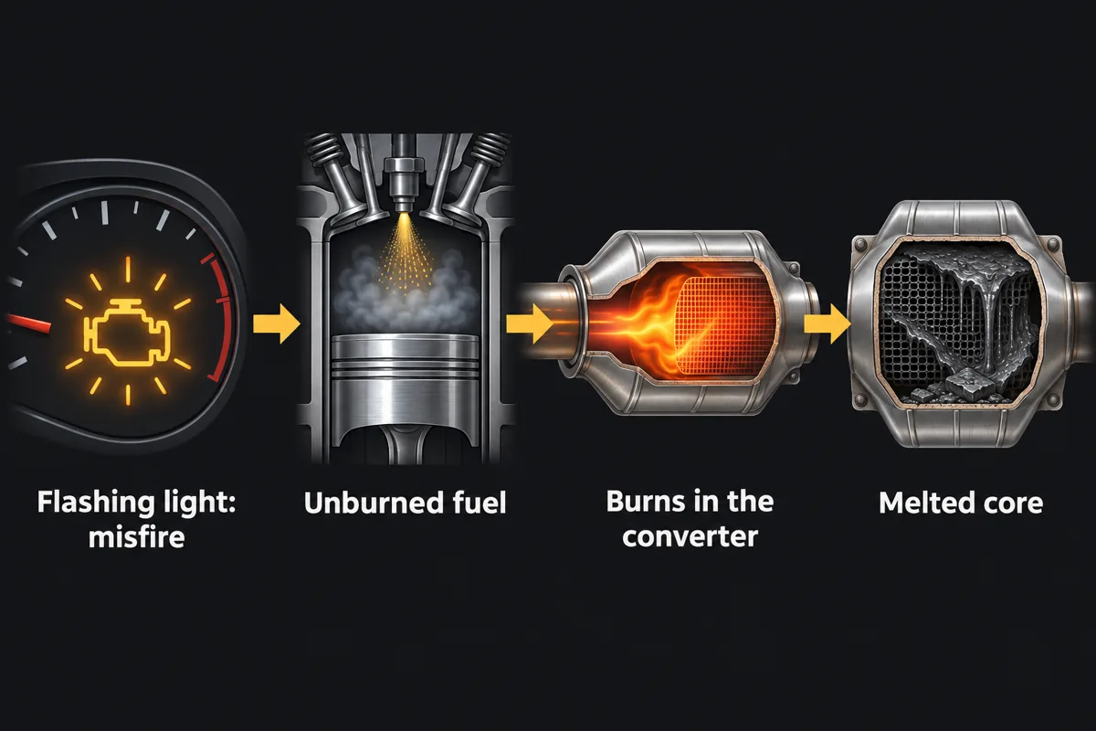 How a misfire ruins a converter: a flashing check engine light, unburned fuel, fuel burning inside the converter, and a melted core
