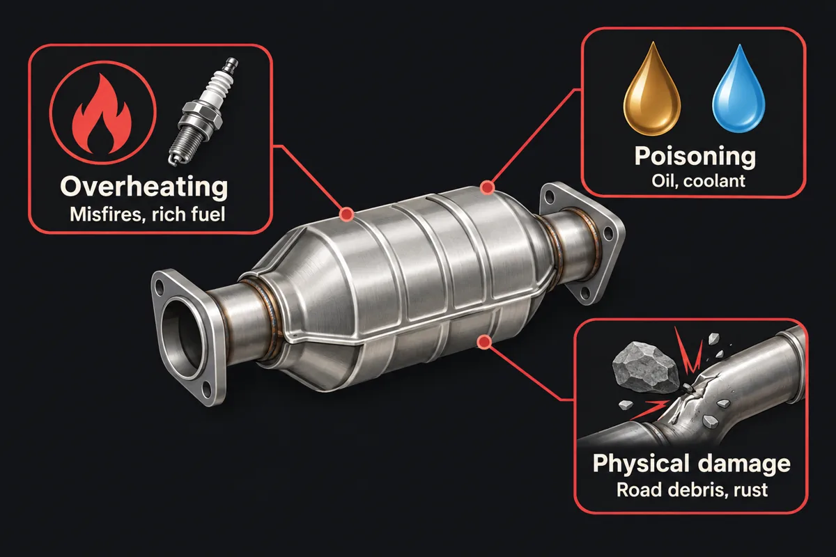 The three things that kill catalytic converters early: overheating from misfires and rich fuel, poisoning from oil and coolant, and physical damage from debris and rust