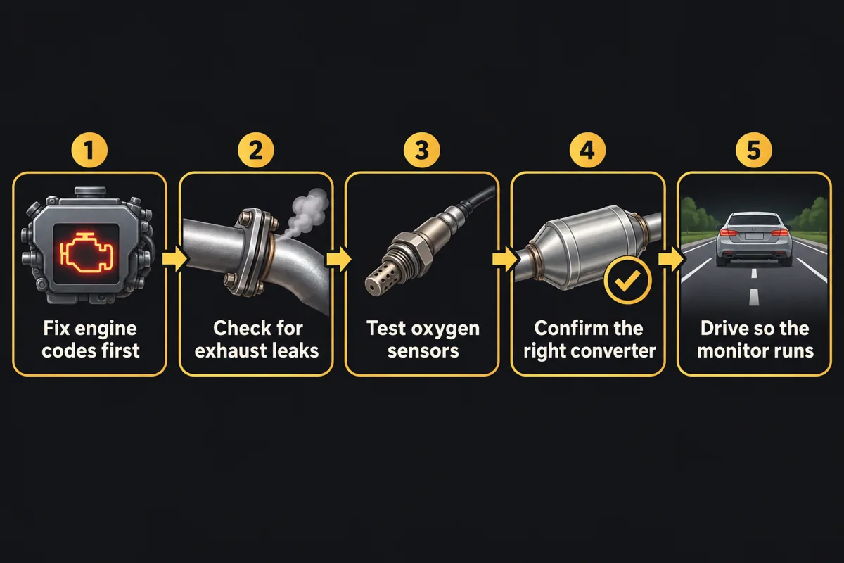 Five checks when P0420 returns after a new converter: fix engine codes, check for leaks, test oxygen sensors, confirm the right converter, drive so the monitor runs