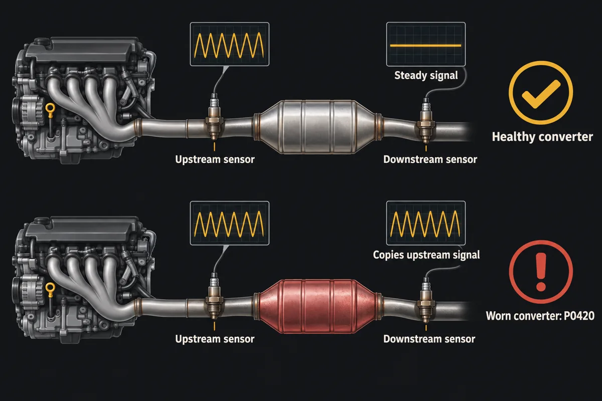 Diagram comparing oxygen sensor signals: with a healthy converter the downstream signal stays steady, with a worn converter it copies the upstream signal and the computer sets P0420