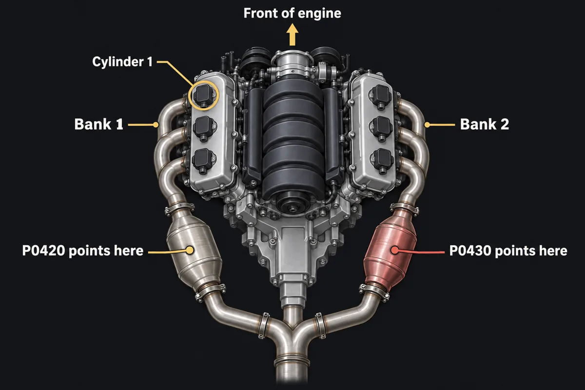 Top view of a V6 engine showing bank 1, the side with cylinder 1, and bank 2, each with its own catalytic converter; P0420 points to bank 1 and P0430 to bank 2