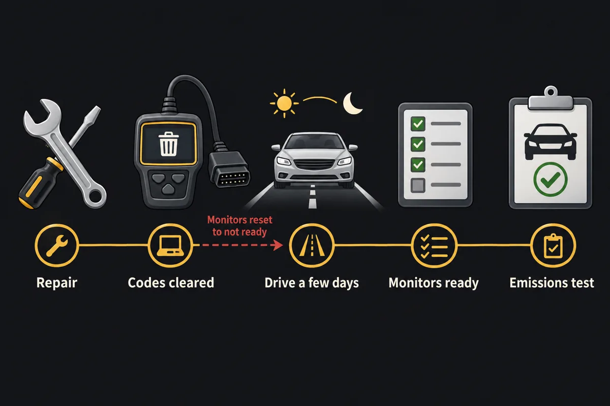 Timeline after a repair: codes cleared, monitors reset to not ready, drive a few days, monitors ready, then the emissions test