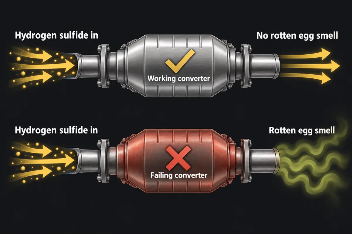 A working catalytic converter removing the rotten egg smell next to a failing converter letting it through